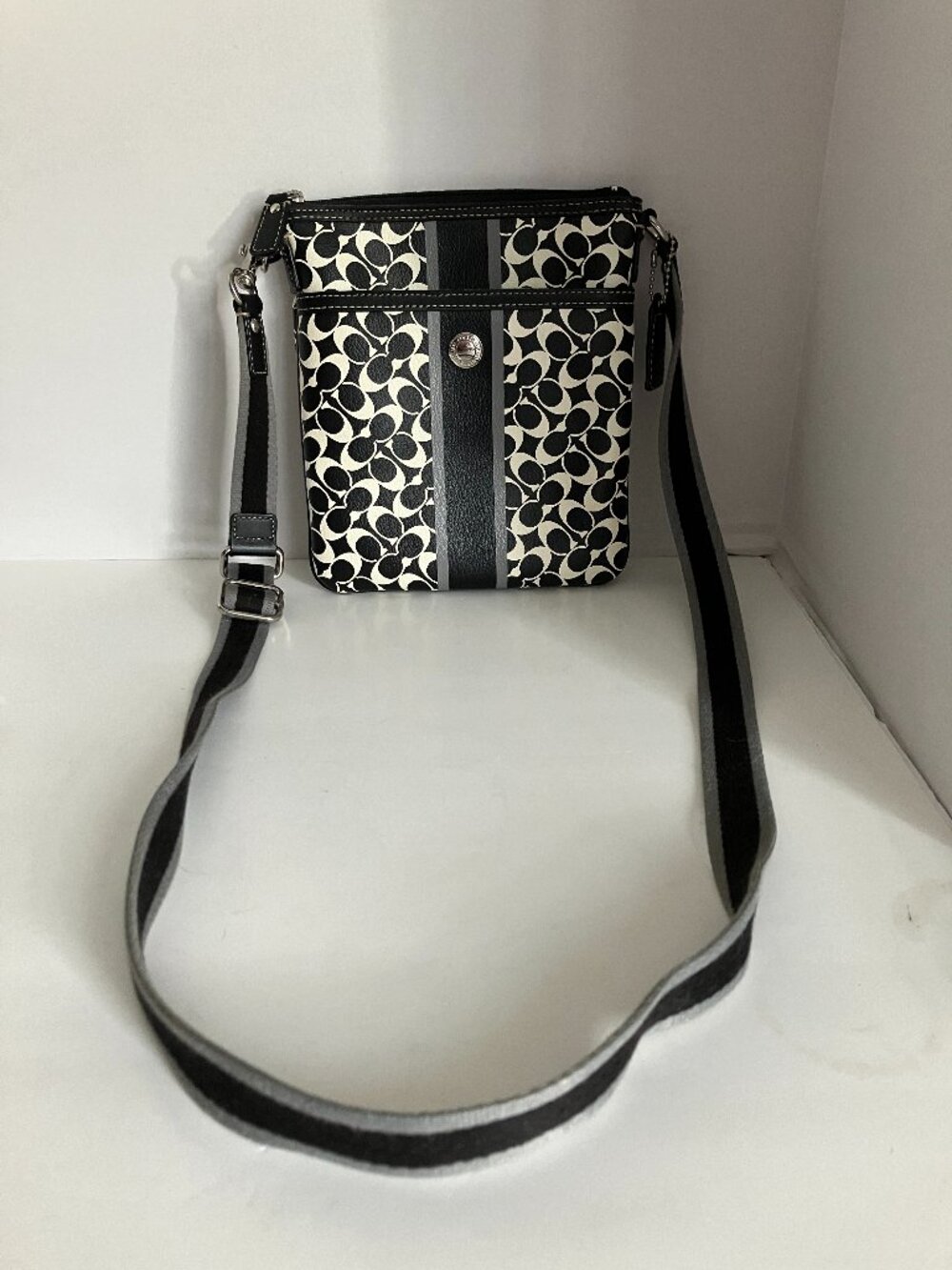 Coach Chelsea Heritage Striped Coated Canvas Crossbody Black White